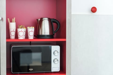 Mini-fridge, microwave, electric kettle