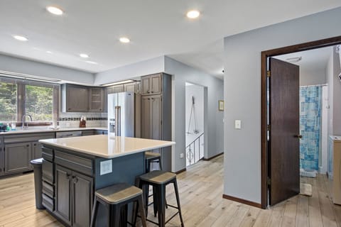 Full kitchen, dining room and bathroom off the dining room.