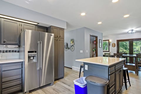 Full kitchen, dining room and bathroom off the dining room.