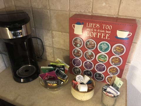 Coffee area with k-cups. Starbucks, McCafe coffee. Creamers, teas, sweeteners