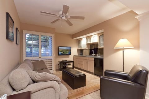 Separate cozy den  with TV and fold out sofa.