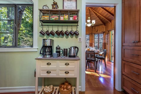 Coffee and tea station in the kitchen.