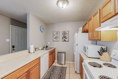 Kitchen space is open with lots of counter area available.