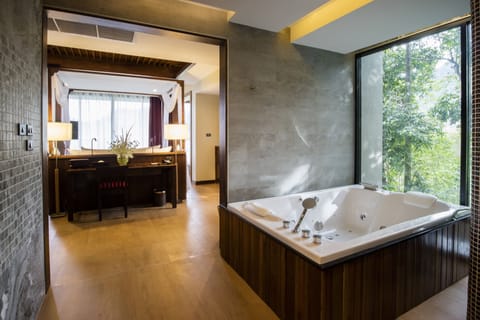 Separate tub and shower, free toiletries, hair dryer, bathrobes