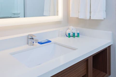 Hair dryer, towels, soap, shampoo