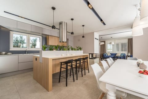 Dining area and kitchen in the new modern vacation villa with private pool and sauna