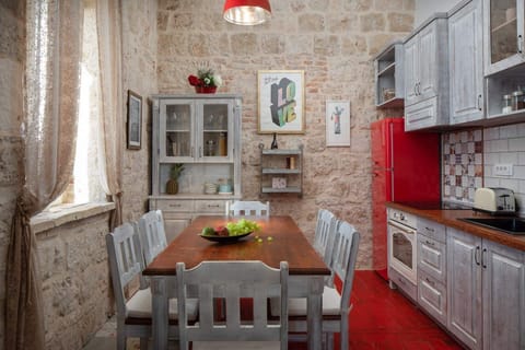 Equipped kitchen and rustic dining room in Vis luxury private villa for vacation and rent.