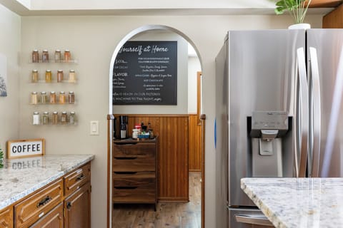 Buffet area for serving food, spices and a hot beverage bar.