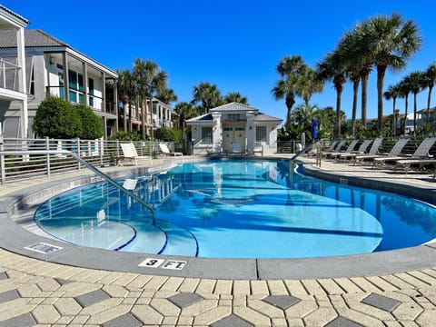 Just steps to the heated pool! Features restrooms, showers, and plenty of sun-soaked seating for the whole family, and umbrellas for shade.