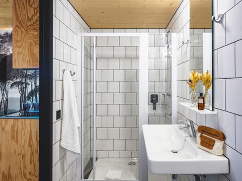 Shower, eco-friendly toiletries, hair dryer, towels