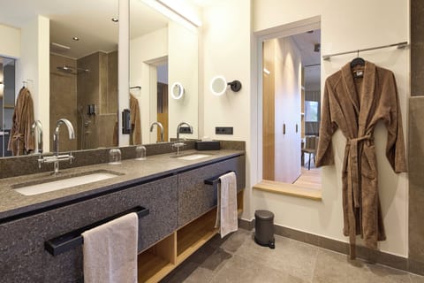 Hair dryer, bathrobes, towels, soap