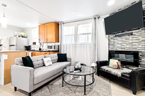 Stylish and modern living room area with open concept to kitchenette