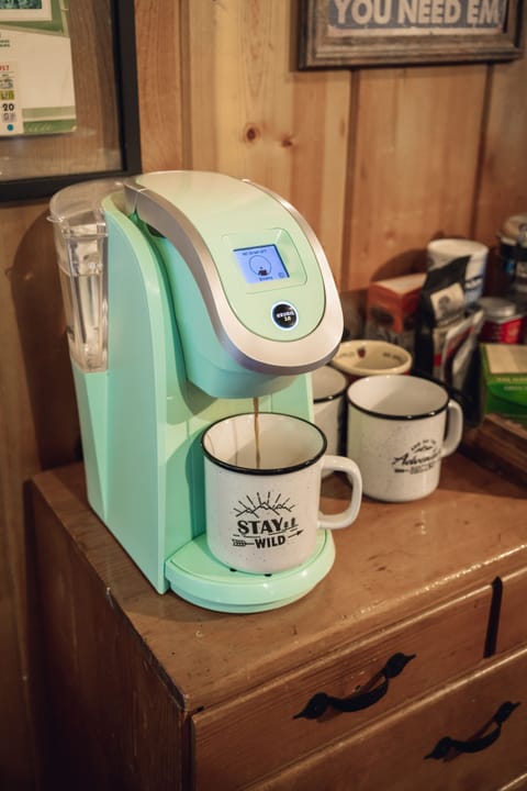 A coffee pot, french press, Keurig, and hot water kettle are available