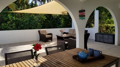 One of two large outdoor dining tables