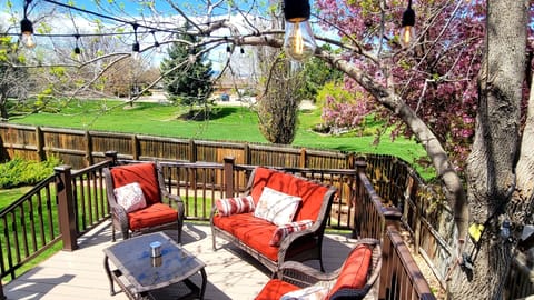 Outdoor hanging lights provide a beautiful ambiance in the evenings.