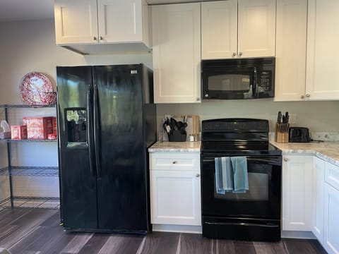 Fridge, stove, microwave.