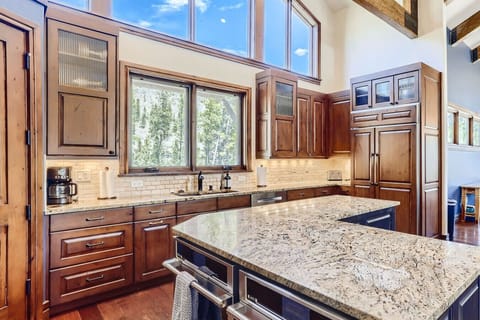 Gourmet kitchen with high-end appliances, granite countertops, and ample space, ideal for preparing meals and entertaining guests.