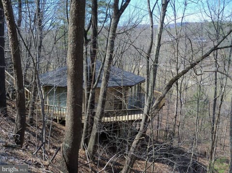 A unique octagon cabin, tucked into the side of the mountain.