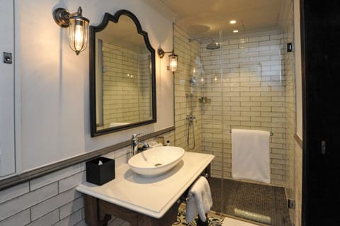 Separate tub and shower, rainfall showerhead, hair dryer, bathrobes