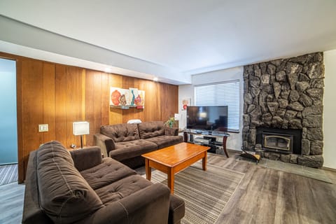 Living room w/ TV and wood burning fireplace.