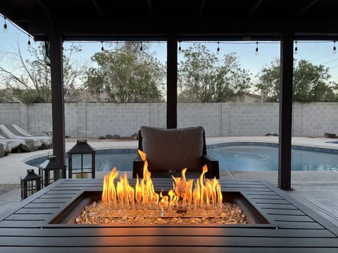 Fire table under covered patio