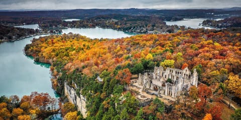 The cabin is located in the HAHA Tonka cove below castle bluff.
