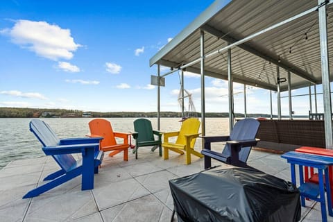 Firepit and plenty of seating at the dock