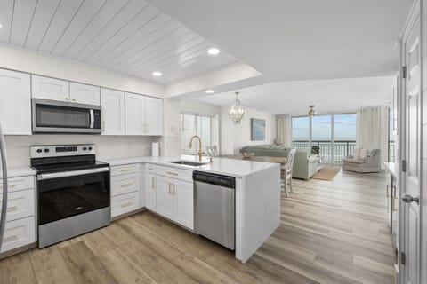 Open kitchen, dining, and living room