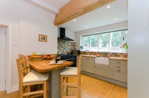 The comprehensively fitted kitchen with views of the forest.
