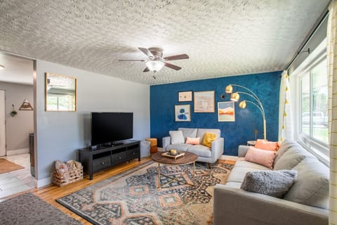 Our living room is a great spot to wind down after skiing/playing. A Roku TV is used for your own logins to all of your streaming devices.
