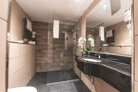 Shower, rainfall showerhead, free toiletries, hair dryer