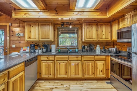Started the day cooking a big family breakfast in this fully stocked cabin kitchen.