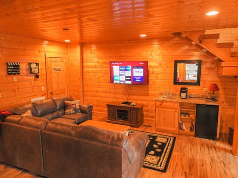 Theatre room with Roku TV and DVD player, as well as Nintendo gaming system.