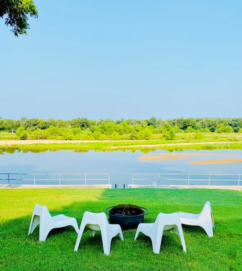 Fire pit circle with a river view