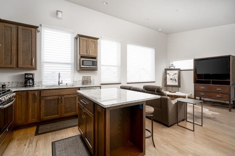 Great room with kitchen and living area upon entering the home.
