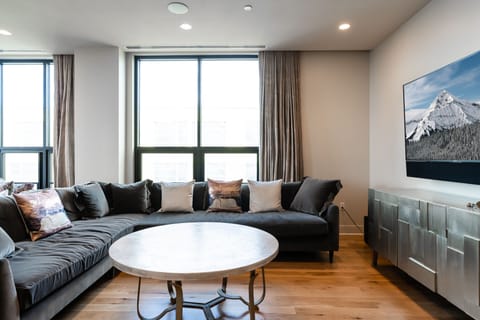Large open concept living room, kitchen and dining room.