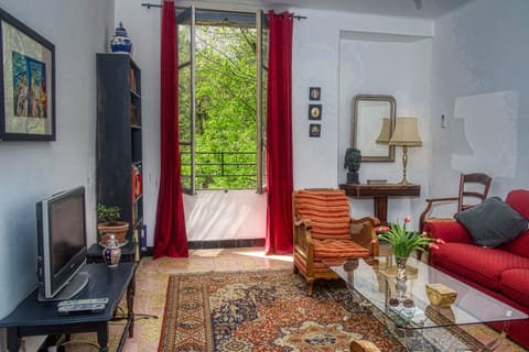 Living room which gets afternoon sun. Netflix on the TV plus French Channels.