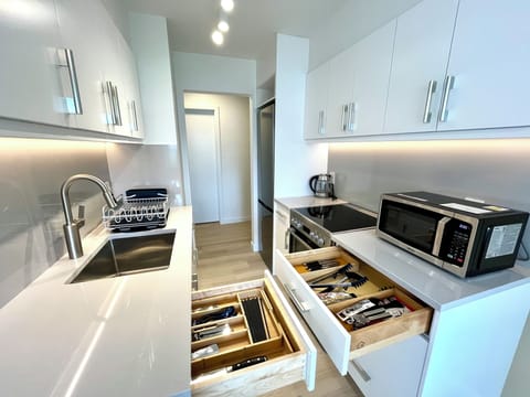 Premium Suite, 1 Bedroom | Private kitchen | Full-size fridge, microwave, oven, coffee/tea maker