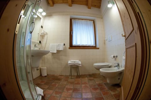 Shower, rainfall showerhead, free toiletries, hair dryer