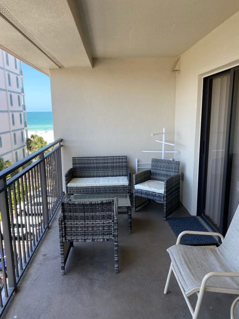 View of the Gulf from private balcony. Brand new wicker outdoor furniture. 