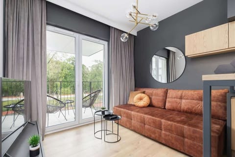 A modern open-plan living room featuring a comfortable sofa, dining table, and integrated kitchen with wooden and black cabinetry.
