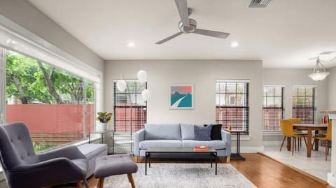Spacious living room with large smart TV