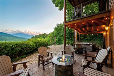 Outdoor firepit and hot tub with views of the Smokies!