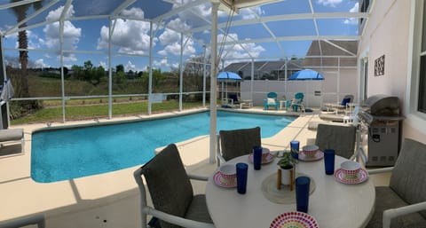 Beautiful pool deck with covered lanai, sun shades,BBQ, ample seating & loungers