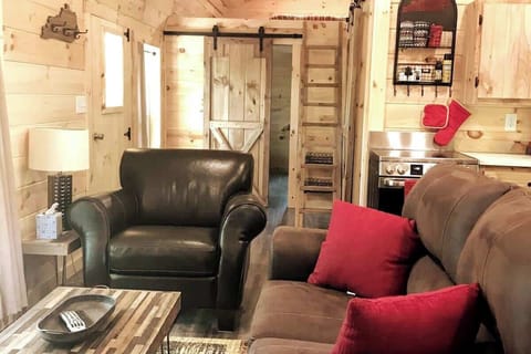 Barn door entry to main bedroom, ladder to loft sleeping area.  Barn door to bathroom on the right behind kitchen.