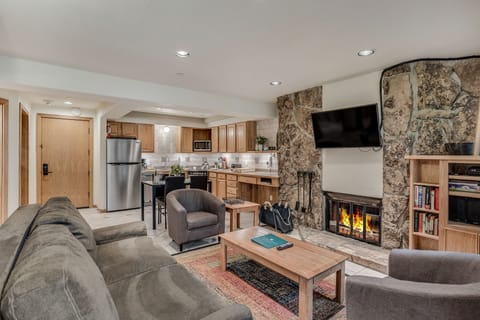 Living area with wood-burning fireplace