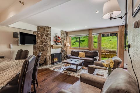 Living room with wood-burning fireplace