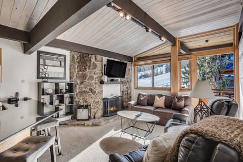 Living room with wood-burning fireplace