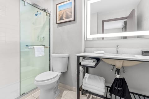 Combined shower/tub, eco-friendly toiletries, hair dryer, towels