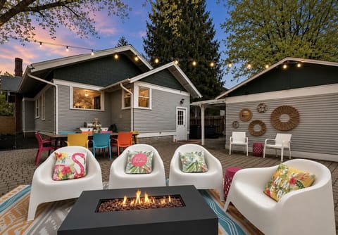 Cozy up around the fire table.